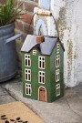 Stort hus i keramikk til lys, grønt med trehank thumbnail