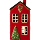 Hus i keramikk til telys, juletre foran huset thumbnail