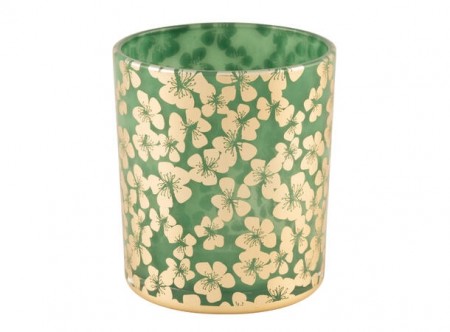 Lysglass grønn m/gullblomster, 7x8 cm