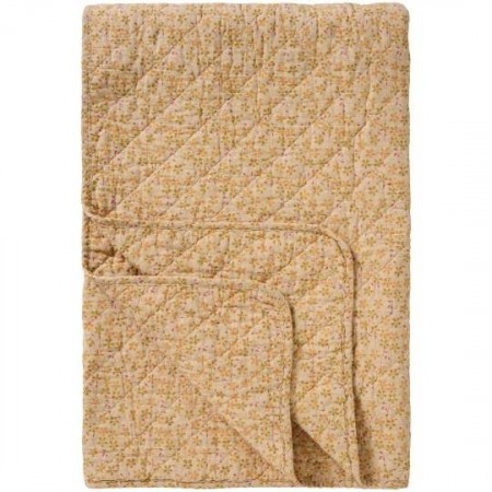 Teppe, beige med gule, grønne og bringebærfargede blomster