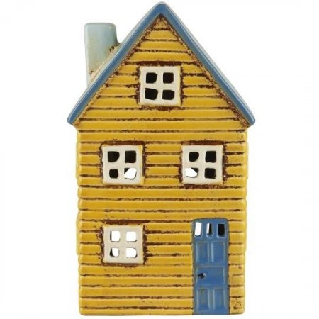Hus i keramikk til telys, blå dør