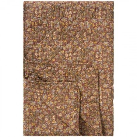 Teppe, støvet bordeaux med blå, gule og grønne blomster