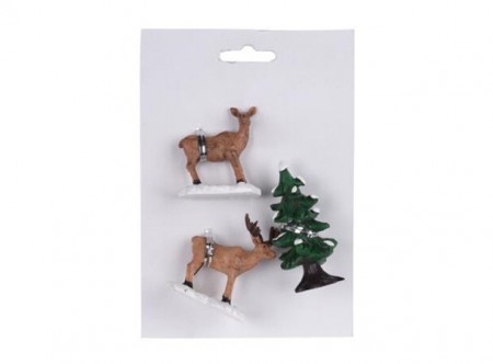 Juleby figurer, 2 reinsdyr og grantre med snø