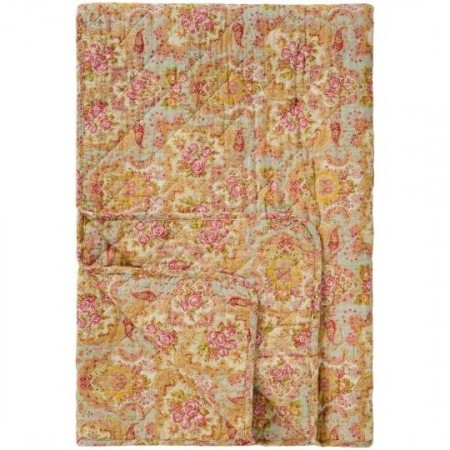 Teppe, støvblå med lyserødt, rødt og grønt og gult paisley- og blomstermønster