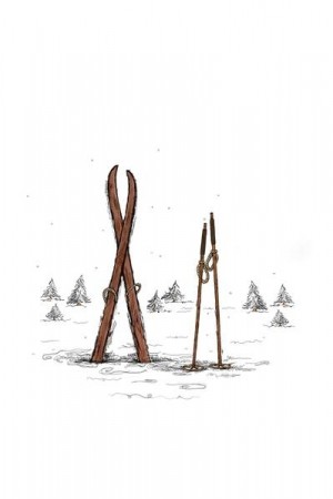Ski og stav - bilde i ramme 21x30 cm