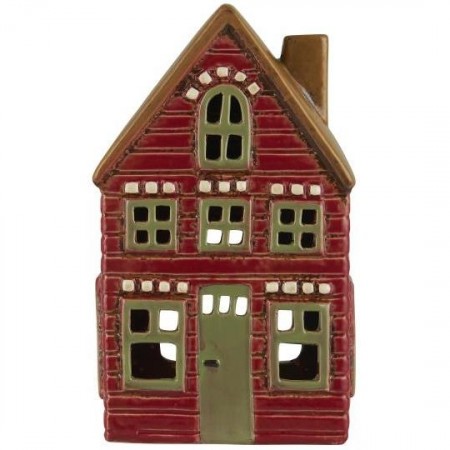 Hus i keramikk til telys, rød fasade